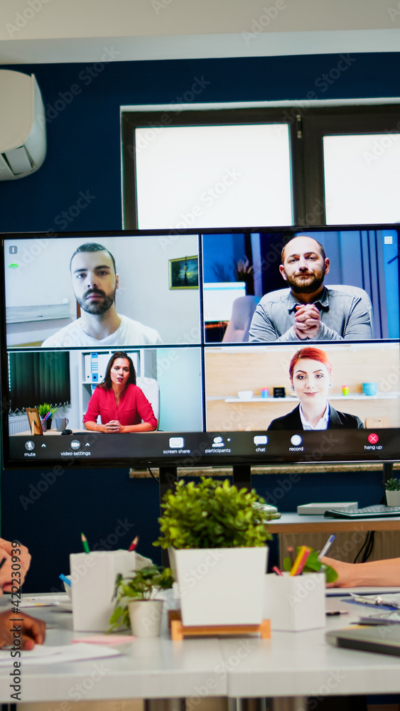 Team working by group video call share ideas brainstorming negotiating