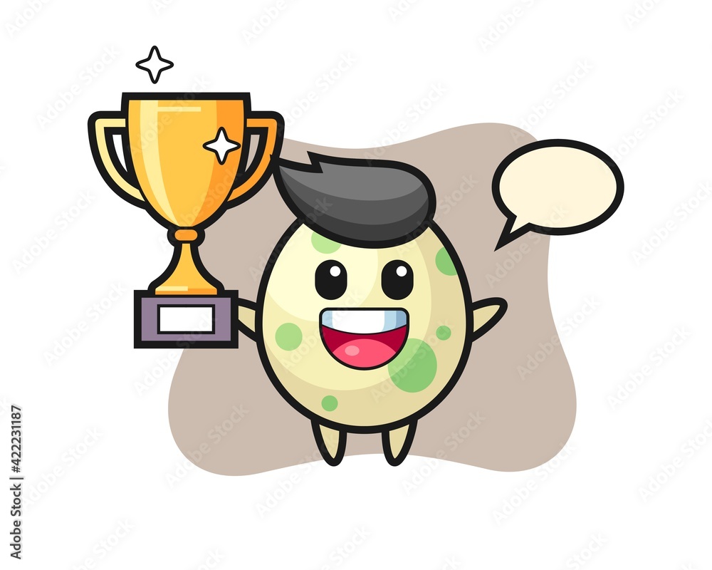 Cartoon illustration of spotted egg is happy holding up the golden trophy