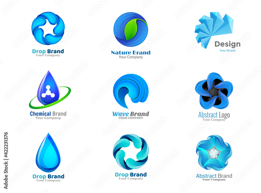 Set of blue water drop logo emblems and labels in vector. Set of blue water drop logo emblems and labels in vector.