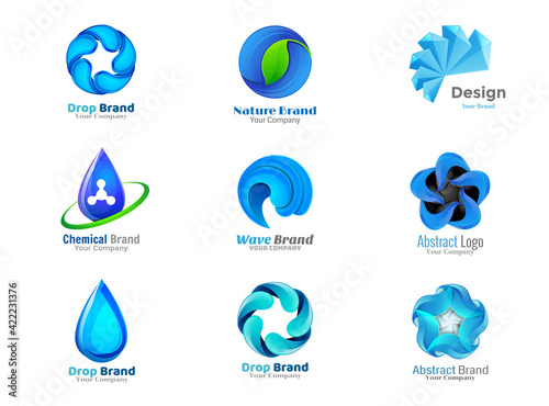 Set of blue water drop logo emblems and labels in vector.