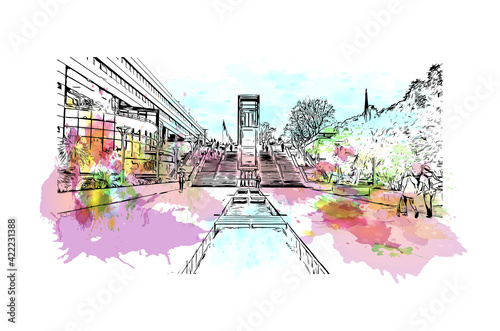 Building view with landmark of Marseille is the port city in southern France. Watercolour splash with hand drawn sketch illustration in vector.