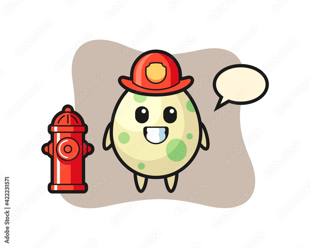 Mascot character of spotted egg as a firefighter