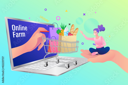 Ordering directly from an online farm. A giant hand delivers a cart of fresh, organic groceries from a laptop to a happy customer, illustrating a modern farm-to-table service.