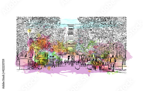 Building view with landmark of Marseille is the port city in southern France. Watercolour splash with hand drawn sketch illustration in vector.