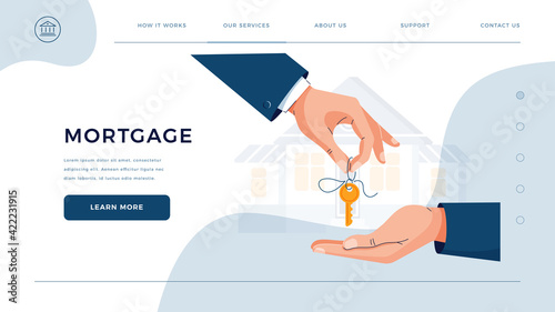 Mortgage homepage template. Male hands giving keys for property buying. Deal sale, mortgage loan, real estate, dealing house, property purchase concept vector illustration. Modern flat cartoon design