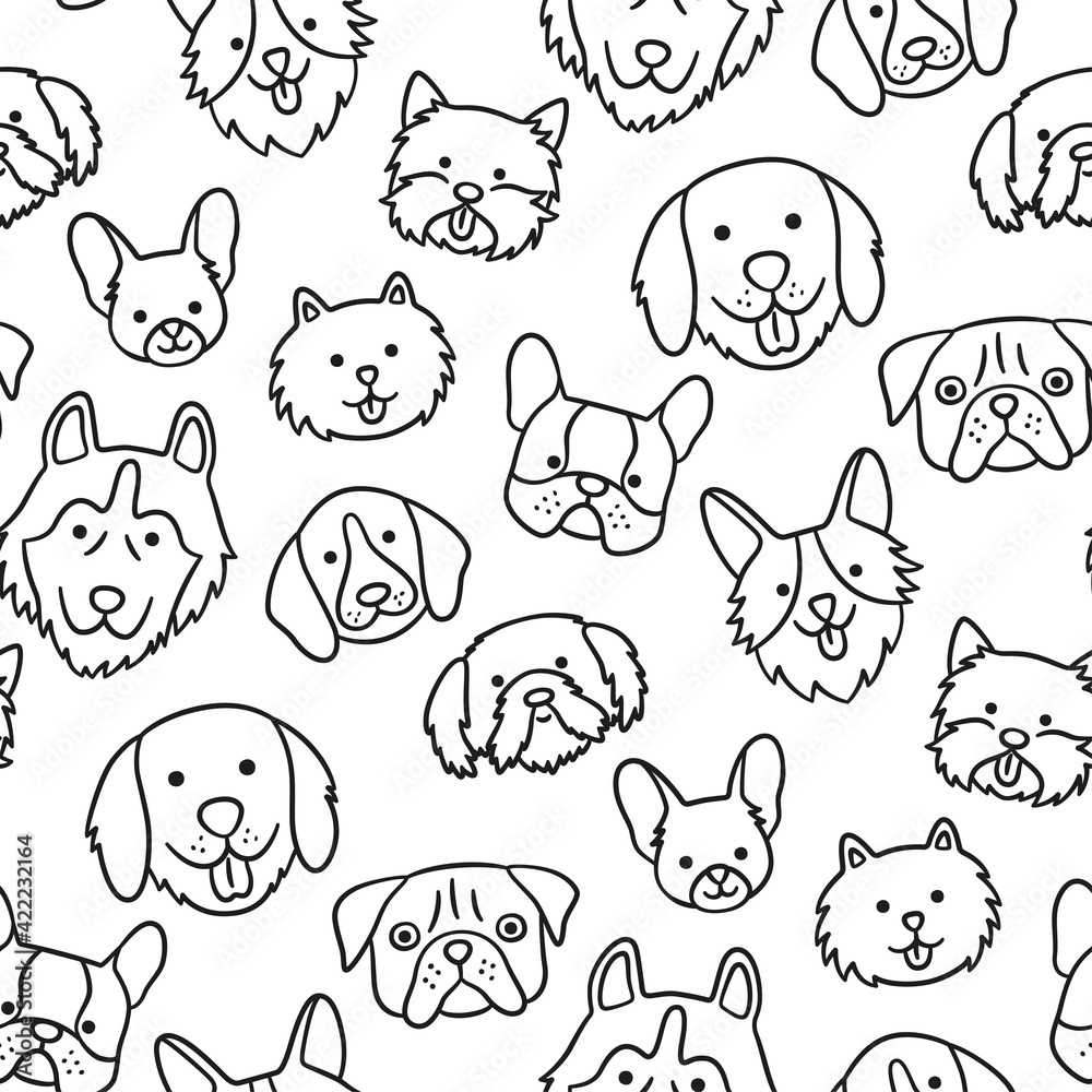 Fototapeta premium Seamless pattern with heads of different breeds dogs. Corgi, Pug, Chihuahua, Terrier, Husky, Pomeranian. Texture with dog faces. Hand drawn vector illustration in doodle style on white background