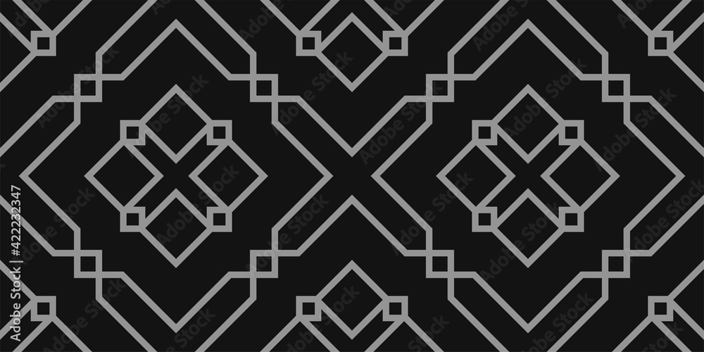 Background pattern with geometric ornament on a black background. Seamless pattern, wallpaper texture