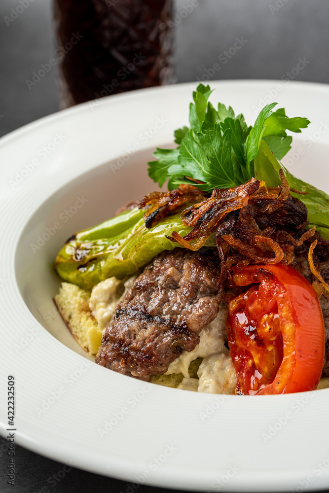 Turkish Food Hunkar Begendi made with Eggplant and Meat