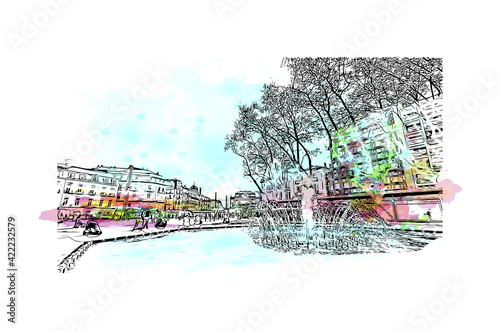 Building view with landmark of Marseille is the port city in southern France. Watercolour splash with hand drawn sketch illustration in vector.