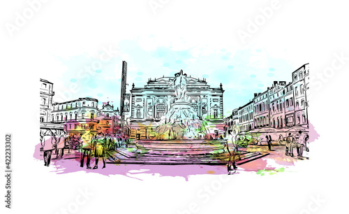 Building view with landmark of Marseille is the port city in southern France. Watercolour splash with hand drawn sketch illustration in vector.