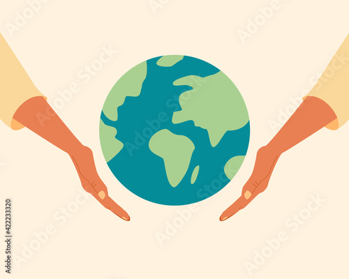 Black skin hands holding globe, earth. Earth day concept. Earth day vector illustration for poster, banner,print,web. Save the planet,environment.Modern cartoon flat style illustration
