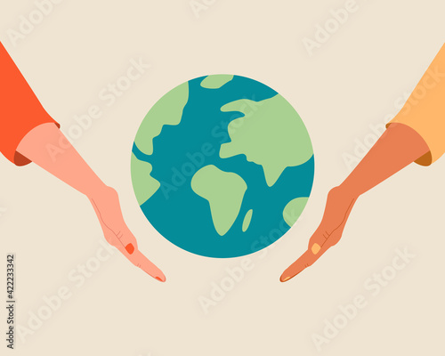 Different race hands holding globe,earth.Happy Earth day concept.Save the planet, environment, world together.International hands community.Modern colorful vector illustration cartoon flat style.