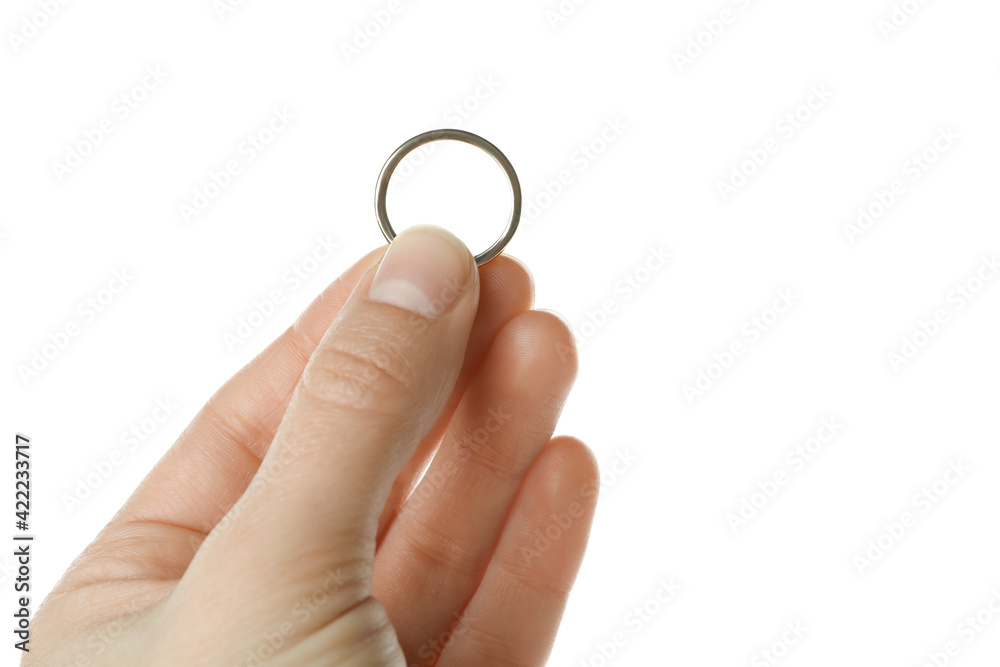 Female hand hold ring, isolated on white background Female hand hold ring, isolated on white background