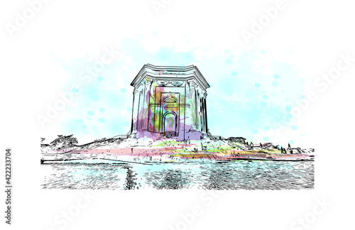 Building view with landmark of Marseille is the port city in southern France. Watercolour splash with hand drawn sketch illustration in vector.