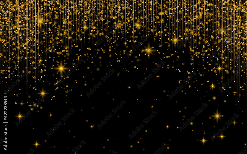 Gold glitter powder splash vector background. Golden scattered dust. Magic mist glowing. Stylish fashion black backdrop.