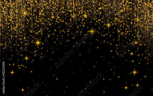 Gold glitter powder splash vector background. Golden scattered dust. Magic mist glowing. Stylish fashion black backdrop.