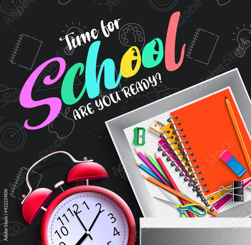 Back to school vector banner background. Time for school are you ready text with educational objects like notebook inside storage box element for educational supplies design. Vector illustration
