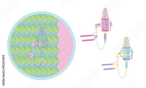 Studio desktop microphone with broadcast text over the air for podcasts, online communication and web conferencing. Vector illustration in a flat style.
