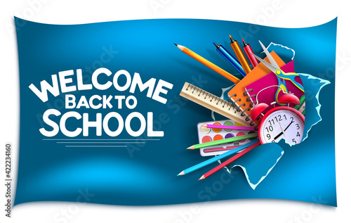Back to school vector banner template. Welcome back to school text in torn paper background with notebook, alarm clock and pens element for education study design. Vector illustration
