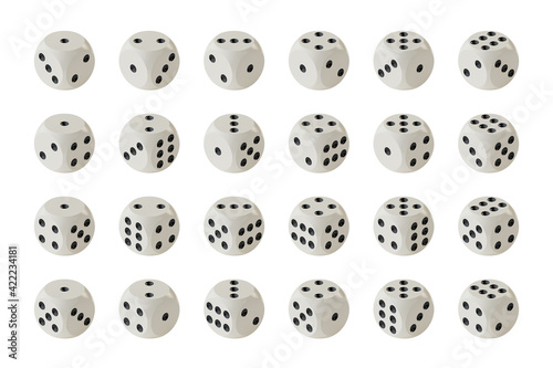 Set of game dices in isometric projection isolated on white background  all possible variants. Gambling concept. 3D rendering