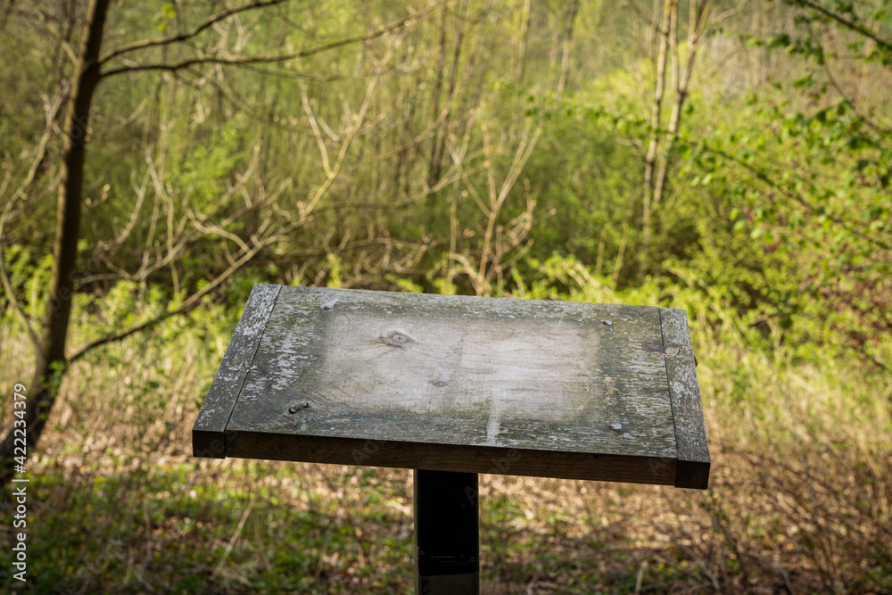 Fototapeta premium Empty signboard in the Vogelsangbachtal near Heiligenhaus, North Rhine-Westphalia, Germany