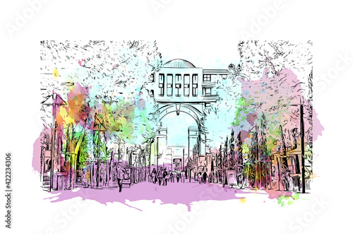 Building view with landmark of Marseille is the port city in southern France. Watercolour splash with hand drawn sketch illustration in vector.