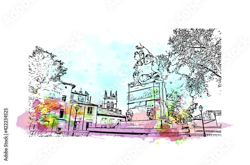 Building view with landmark of Marseille is the port city in southern France. Watercolour splash with hand drawn sketch illustration in vector.