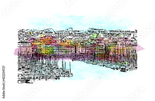Building view with landmark of Marseille is the port city in southern France. Watercolour splash with hand drawn sketch illustration in vector.