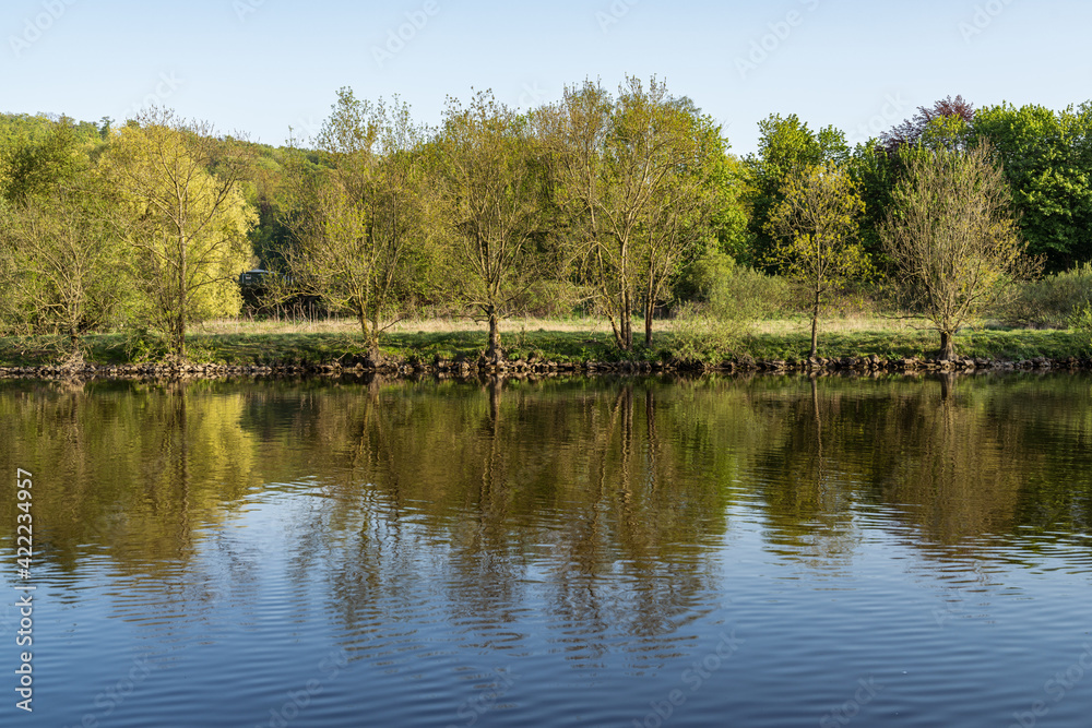 Springtime at the River Ruhr between Kettwig and Werden in Essen, North Rhine-Westphalia, Germany