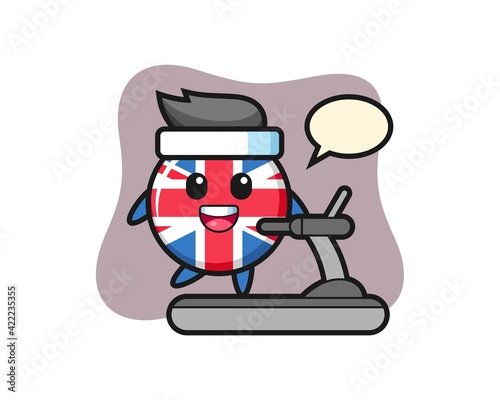 United kingdom flag badge cartoon character walking on the treadmill