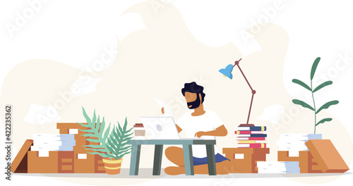 An university student study from home through online laptop computer in minimal vector design. Work from home-online video conference study due to the covid19 outbreak