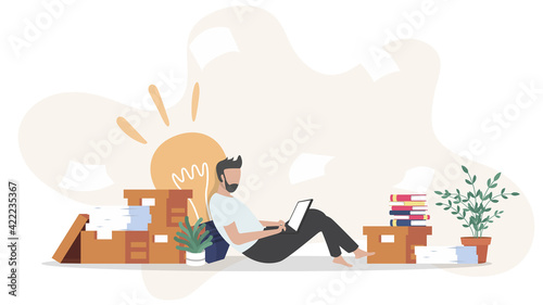 An university student study from home through online laptop computer in minimal vector design. Work from home-online video conference study due to the covid19 outbreak