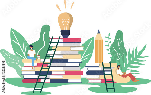 people working - study through online internet over the tower of books with stair to the top. Education minimal desgin vector concept.