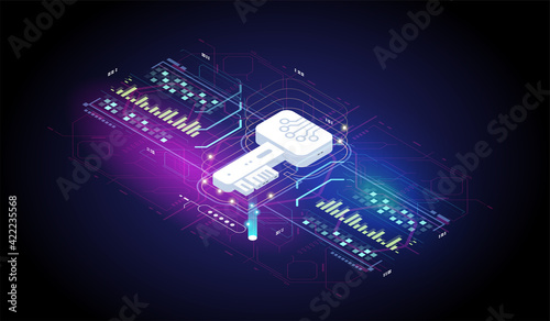 Network data security isometric vector illustration. Security Data Protection. Digital key. Confidential information protection isometric concept.