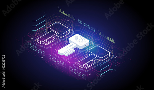 Digital key. Security Data Protection. Network data security isometric vector illustration. Confidential information protection isometric concept.