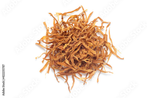 Shredded dried bamboo shoots isolated on white background. Top view.