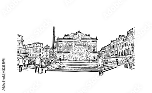 Building view with landmark of Marseille is the port city in southern France. Hand drawn sketch illustration in vector.