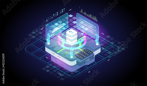 Isometric tech illustration. Software development and programming. Digital Technology Web Banner. Big data processing computing. Analysis and Information.