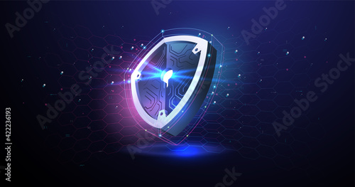 Futuristic glowing guard shield. Abstract security digital technology background. Protect and Security of Safe concept.