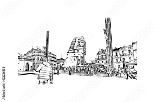 Building view with landmark of Marseille is the port city in southern France. Hand drawn sketch illustration in vector.