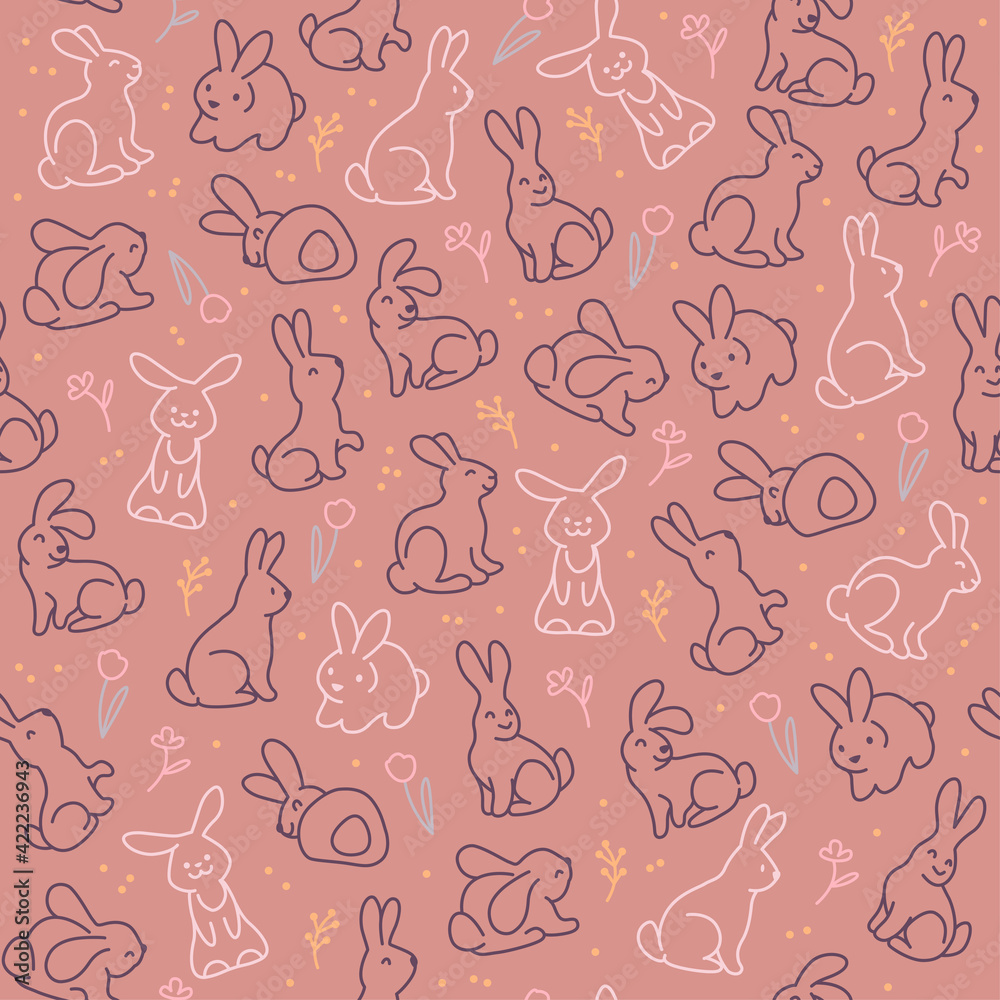 Seamless pattern with cute bunny characters isolated on pink background. Hand drawn doodle style. Vector illustration. For nursery, Easter decor. Seamless pattern with cute bunny characters isolated on pink background. Hand drawn doodle style. Vector illustration. For nursery, Easter decor.
