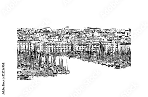 Building view with landmark of Marseille is the port city in southern France. Hand drawn sketch illustration in vector.