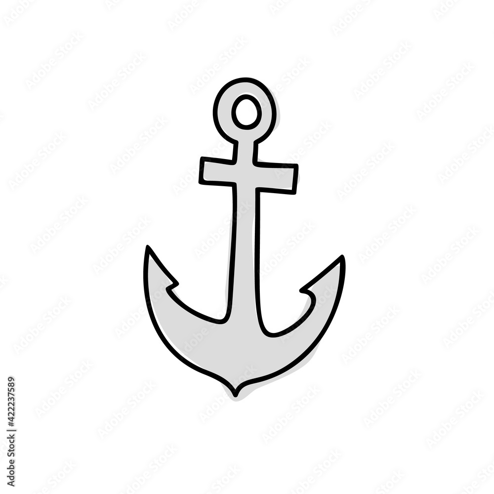 Nautical anchor, equipment for sailors. Vector anchor in doodle cartoon style. Black contours isolated on a white background. Element for design, print, card, goods. Souvenir from rest on the sea Nautical anchor, equipment for sailors. Vector anchor in doodle cartoon style. Black contours isolated on a white background. Element for design, print, card, goods. Souvenir from rest on the sea