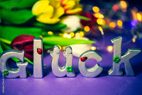 Happy birthday with bokeh, luck as letters, postcard, congratulations, congratulations