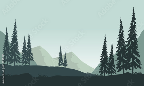 Beautiful mountain view from the edge of the city with the silhouette of cypress trees around it. Vector illustration