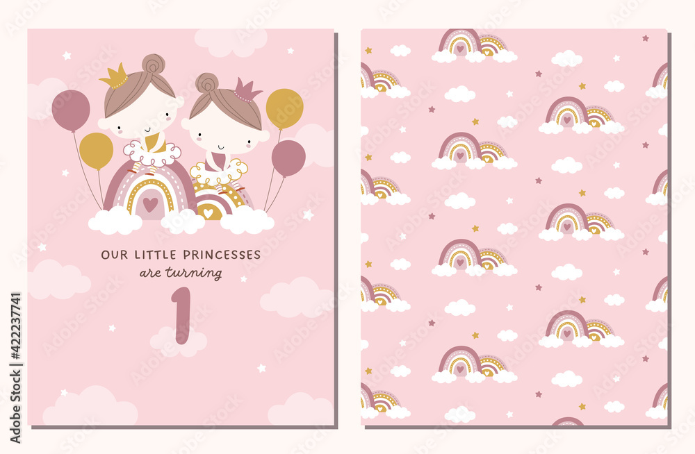 Birthday party invitation card and pattern set for little twin girls or sisters. Princess and rainbow themed party invitation template. Birthday party invitation card and pattern set for little twin girls or sisters. Princess and rainbow themed party invitation template.