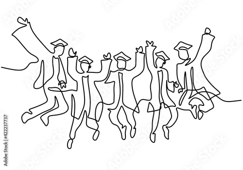 One line drawing of young happy graduate male and female college student jumping hand drawn continuous line art minimalism style on white background. Celebration concept. Vector sketch illustration