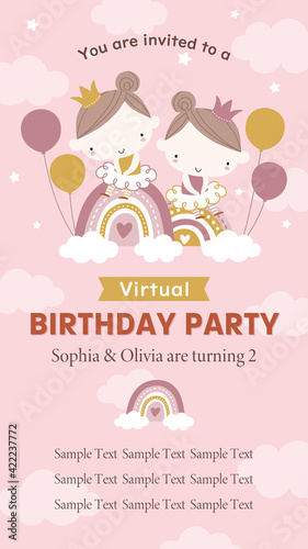 Virtual birthday party invitation template with twin little princesses and rainbows.