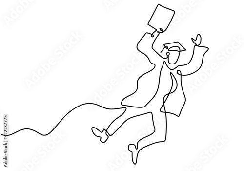 Continuous line drawing of young happy male student jumping to celebrate his final exam result graduation hand drawn art minimalism design. Campus life education concept. Vector illustration