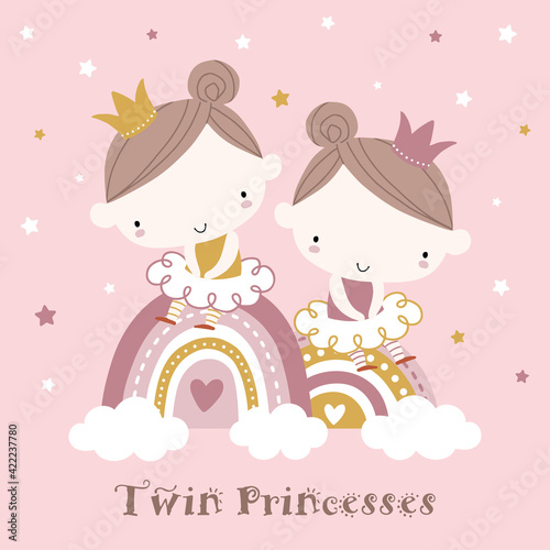 Hand drawn illustration of cute twin little princesses sitting on rainbows. For baby and kids room decoration, art print, baby shower invitation, birthday invitation, etc.